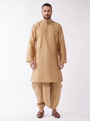 Gold Plain Silk Blend Dhoti-Kurta 2