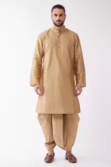 Gold Plain Silk Blend Dhoti-Kurta