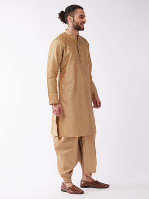 Gold Plain Silk Blend Dhoti-Kurta 3