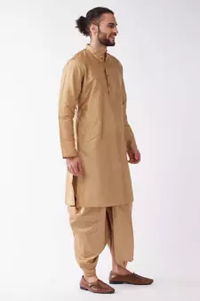 Gold Plain Silk Blend Dhoti-Kurta