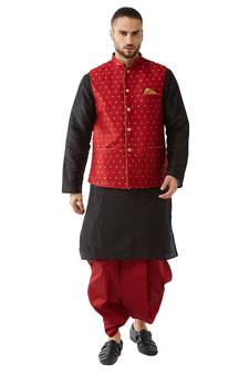 Black woven silk blend dhoti-kurta