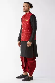 Black woven silk blend dhoti-kurta
