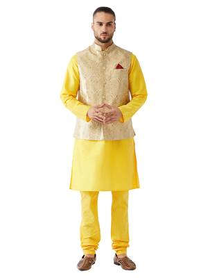 Yellow Woven Silk Blend Kurta-Pajama 1