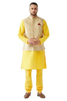 Yellow Woven Silk Blend Kurta-Pajama