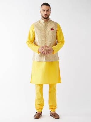 Yellow Woven Silk Blend Kurta-Pajama 2