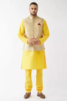 Yellow Woven Silk Blend Kurta-Pajama