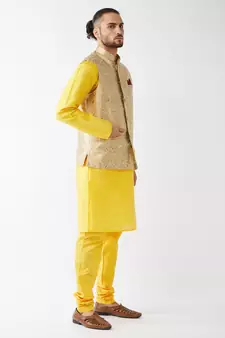 Yellow Woven Silk Blend Kurta-Pajama