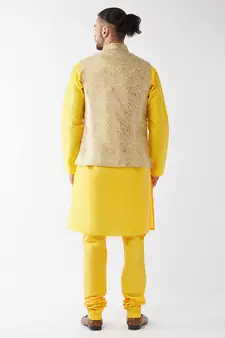Yellow Woven Silk Blend Kurta-Pajama