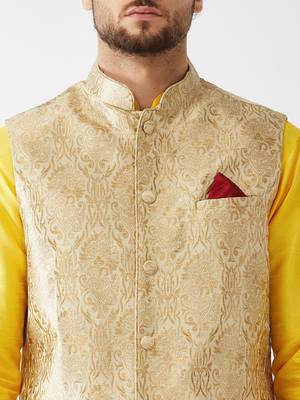 Yellow Woven Silk Blend Kurta-Pajama 5