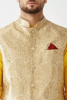 Yellow Woven Silk Blend Kurta-Pajama