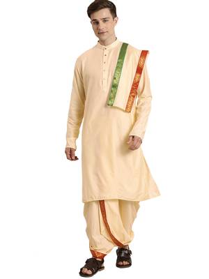 Mens' Gold Cotton Blend Kurta Dhoti And Dupatta 1