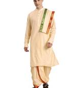 Mens' Gold Cotton Blend Kurta Dhoti And Dupatta