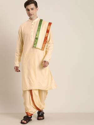 Mens' Gold Cotton Blend Kurta Dhoti And Dupatta 2
