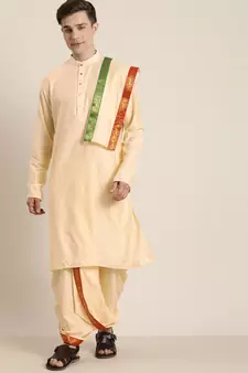 Mens' Gold Cotton Blend Kurta Dhoti And Dupatta