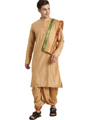 Mens' Rose Gold Cotton Blend Kurta Dhoti And Dupatta 1