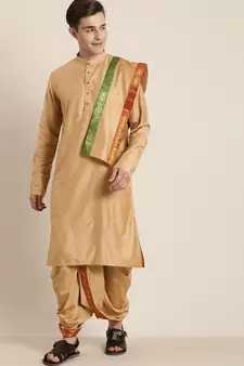 Mens' Rose Gold Cotton Blend Kurta Dhoti And Dupatta