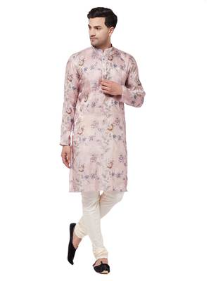 Pink And White Cotton Blend Kurta Pyjama Set 1