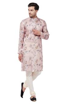 Men'S Pink And White Cotton Blend Kurta Pyjama Set