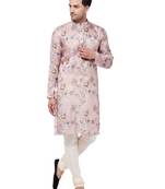 Pink And White Cotton Blend Kurta Pyjama Set