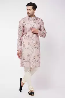 Pink And White Cotton Blend Kurta Pyjama Set