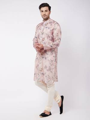 Pink And White Cotton Blend Kurta Pyjama Set 3