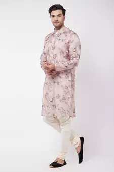 Pink And White Cotton Blend Kurta Pyjama Set
