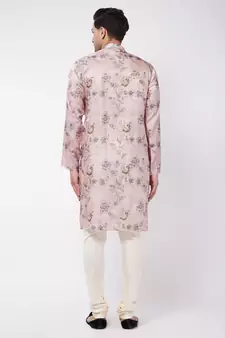 Pink And White Cotton Blend Kurta Pyjama Set