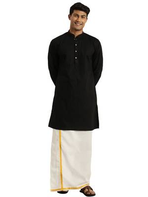 Men's Black and White Cotton Blend Kurta And Mundu Set 1