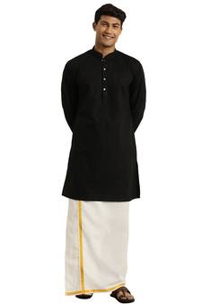 Vastramay Men's Black and White Cotton Blend Kurta And Mundu Set