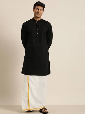 Men's Black and White Cotton Blend Kurta And Mundu Set 2