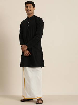 Men's Black and White Cotton Blend Kurta And Mundu Set 3