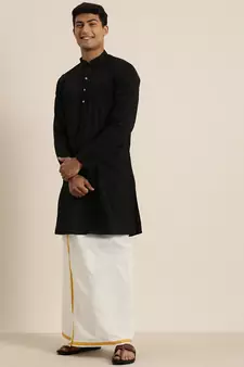 Men's Black and White Cotton Blend Kurta And Mundu Set