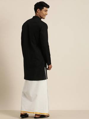Men's Black and White Cotton Blend Kurta And Mundu Set 4