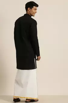 Men's Black and White Cotton Blend Kurta And Mundu Set