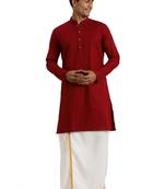 Vastramay Men's Maroon and White Cotton Blend Kurta And Mundu Set