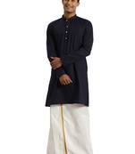  Navy Blue and White Cotton Blend Kurta And Mundu Set