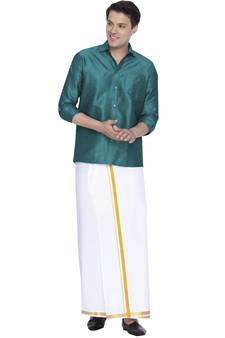 Green plain silk blend dhoti-kurta