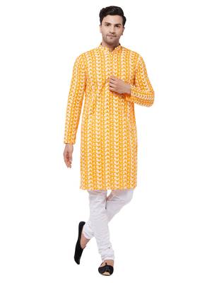 Orange And White Pure Cotton Kurta Pyjama Set 1