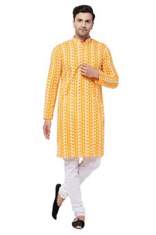 Men'S Orange And White Pure Cotton Kurta Pyjama Set