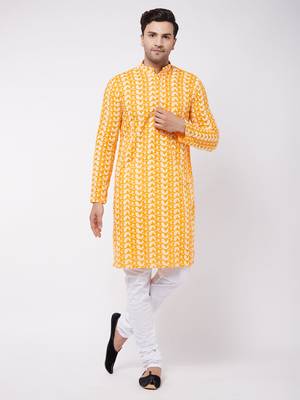 Orange And White Pure Cotton Kurta Pyjama Set 2