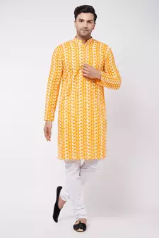 Orange And White Pure Cotton Kurta Pyjama Set