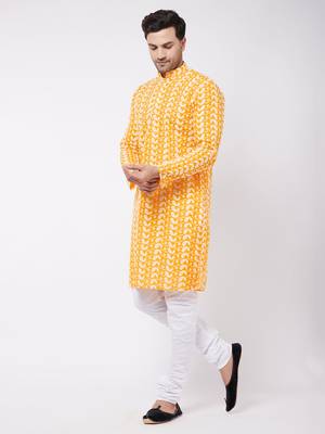 Orange And White Pure Cotton Kurta Pyjama Set 3