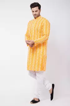 Orange And White Pure Cotton Kurta Pyjama Set