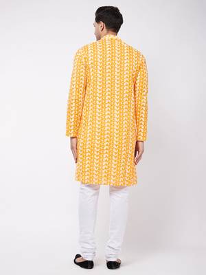 Orange And White Pure Cotton Kurta Pyjama Set 4