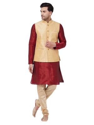 Maroon Woven Silk Blend Kurta-Pajama 1