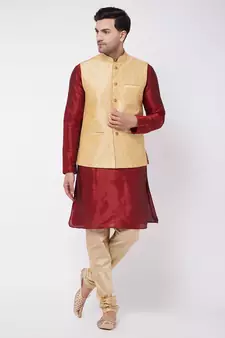 Maroon Woven Silk Blend Kurta-Pajama