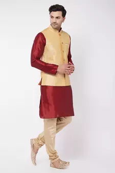 Maroon Woven Silk Blend Kurta-Pajama