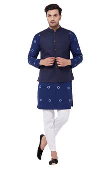 Men'S Blue And White Pure Cotton Jacket, Kurta And Pyjama Set