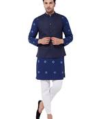Men'S Blue And White Pure Cotton Jacket, Kurta And Pyjama Set