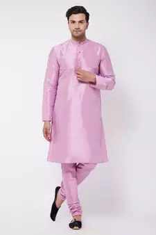 Pink Plain Silk Blend Kurta-Pajama